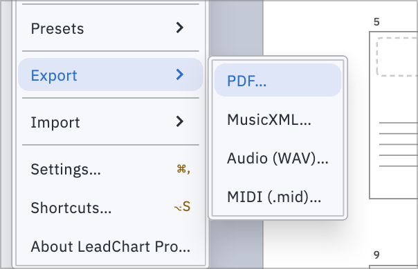 Der Export im Datei-Menü mit PDF, MusicXML, WAV und MIDI