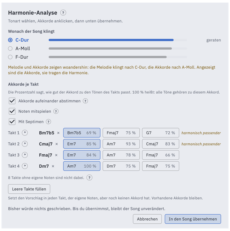 Das Fenster der Harmonie-Analyse mit Tonart-Vorschlag und Akkorden je Takt