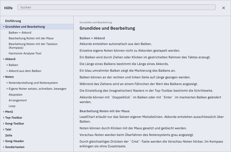 Das Hilfe-Fenster mit Inhaltsbaum und Text