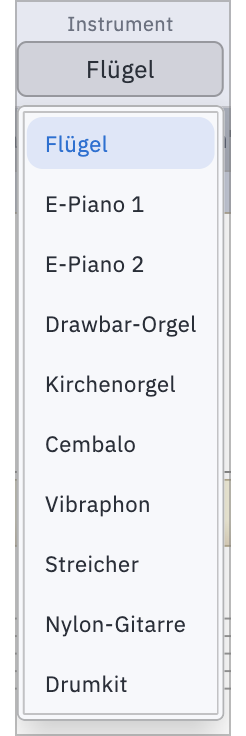 Die Instrumentenauswahl mit zehn Klängen