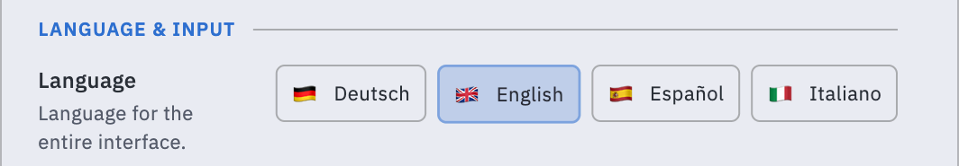 Die Sprachwahl mit Deutsch, English, Español und Italiano