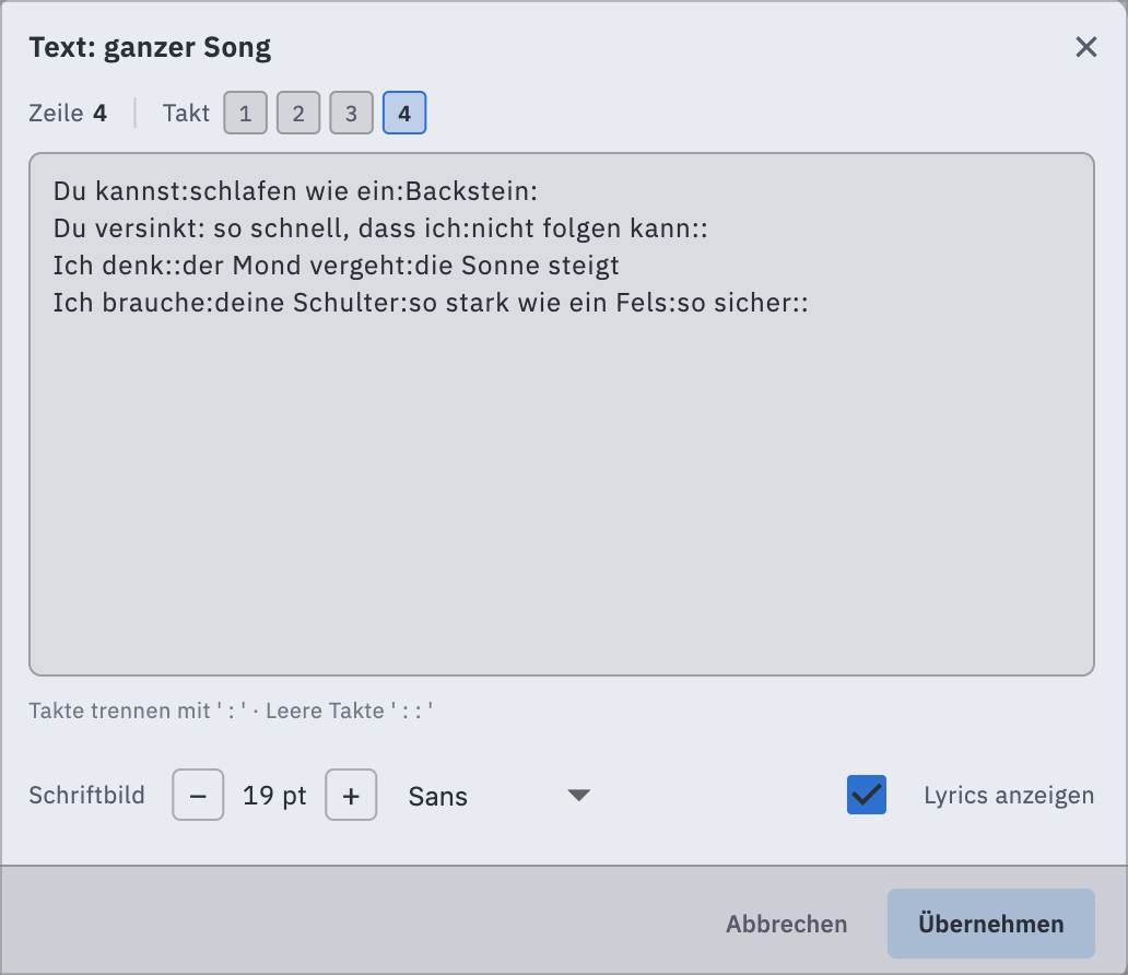 Das Lyrics-Fenster mit Eingabefeld und Schrifteinstellungen