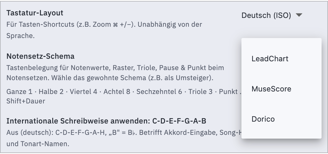 Die Auswahl des Notensetz-Schemas mit LeadChart, MuseScore und Dorico