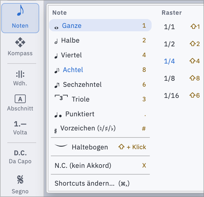 Das Noten-Flyout mit Notenwerten, Raster und den zugehörigen Kürzeln