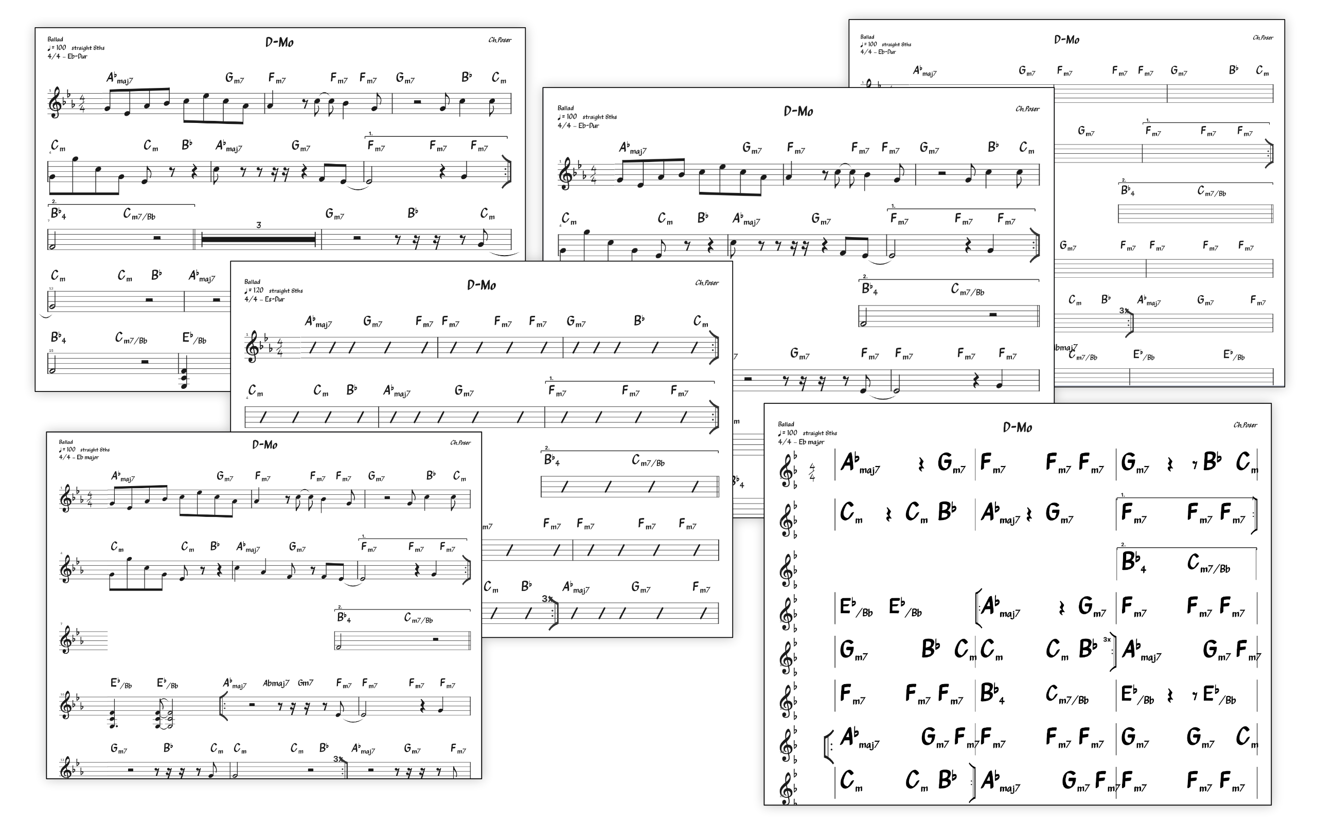 Sechs gefächerte Ausdrucke desselben Songs in verschiedenen Ansichten