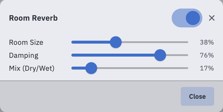 Das Reverb-Popup mit drei Reglern