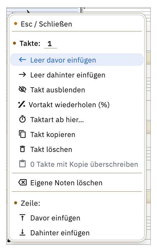 Das Rechtsklick-Menü am Takt mit Einfügen, Verstecken und Taktart