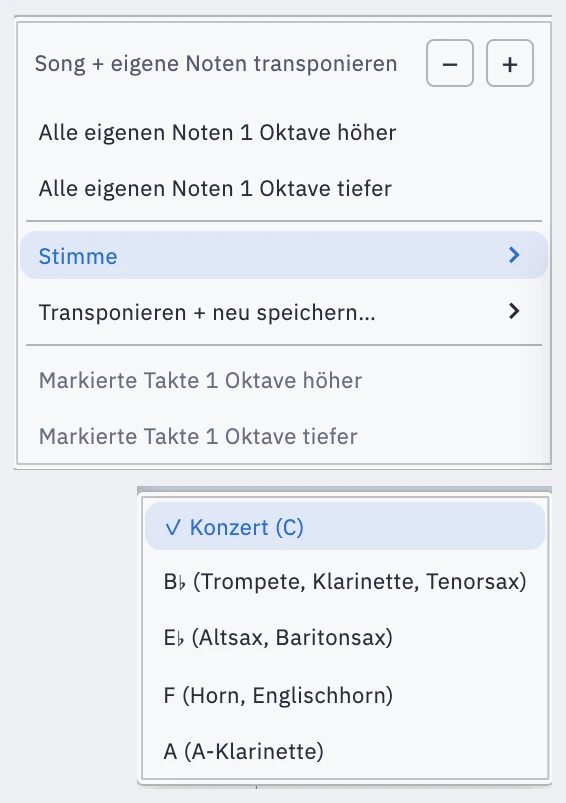 Das Transpositions-Menü mit Stepper und Instrumenten-Stimmen